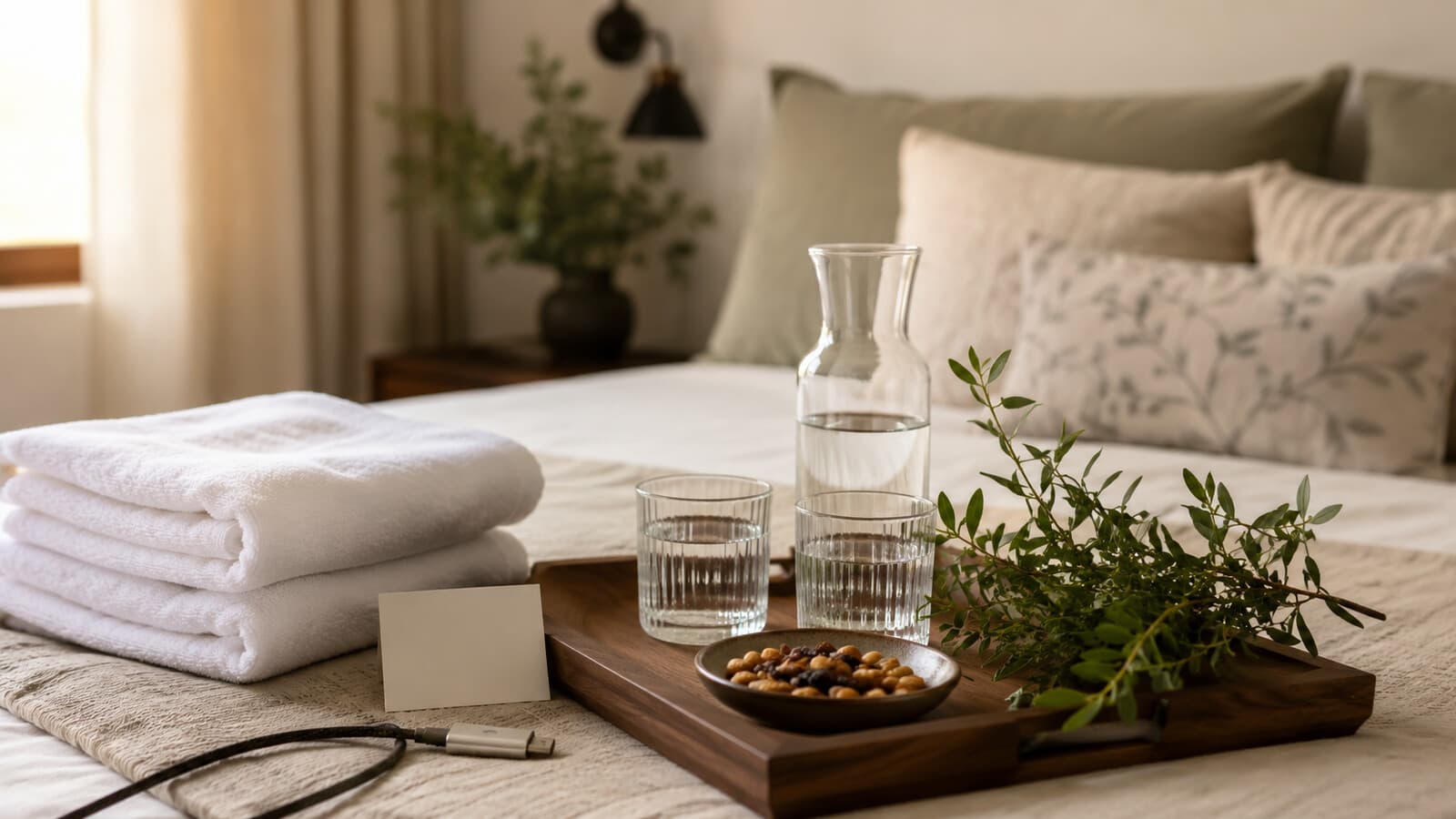 Warm modern Luxe Haven hospitality interior prepared for guests
